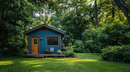 Beautiful tiny house with blue exterior walls and a wooden door, sitting in a lush green backyard surrounded by trees. A small front porch with a colorful chair. Shot