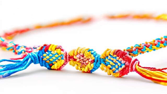Colorful hand-woven friendship bracelet with intricate knot patterns on white background