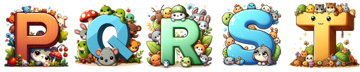 Naklejka premium Alphabet letters P - T with fun cute cartoon animals around them, isolated on white