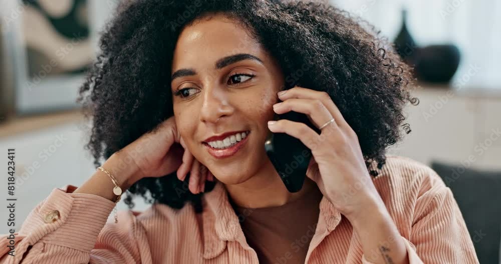 Aufkleber woman, talk and happy phone call in home, online conversation and social networking on smartphone. c