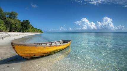 A small yellow wooden rowboat Calm, clear blue waters, white sandy beaches, abandoned by the water. The bright colors contrast delicately with the natural tones of the sand and sea.
