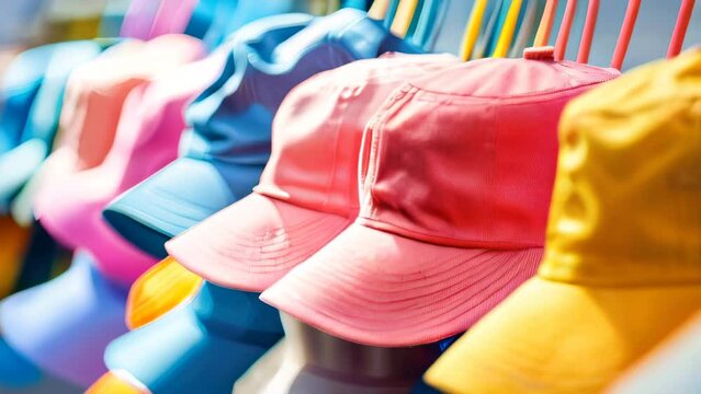 Colorful baseball caps displayed in row, with focus on pink cap