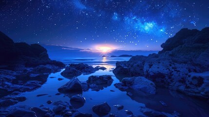 blue night sky with stars over the sea, rocky beach at low tide with reflections and silhouette of sun on horizon,