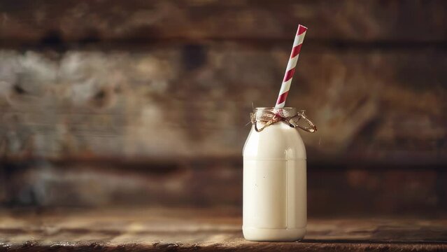 Glass bottle of milk with red and white striped straw tied twine on wooden surface