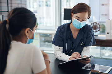 Patient, healthcare and doctor with clipboard, consultation and mask with information, medical...