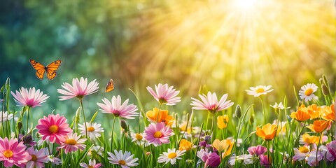 Fototapeta premium Beautiful spring meadow with grass and flowers in sunlight background banner, spring themed designs, nature projects, backgrounds, greeting cards, and floral themed marketing materials. 