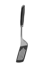 One metal spatula with black handle isolated on white