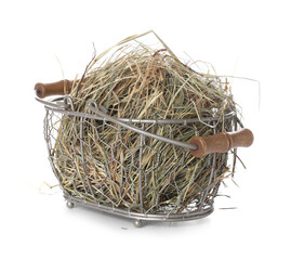 Obraz premium Dried hay in metal basket isolated on white