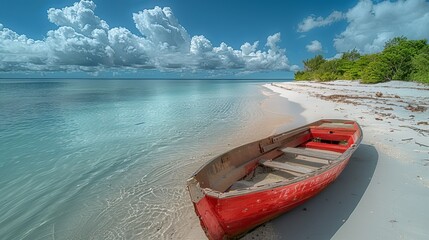 A small red wooden rowboat Calm, clear blue waters, white sandy beaches, abandoned by the water....