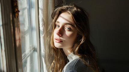 Fototapeta premium young woman stands and looks out the window