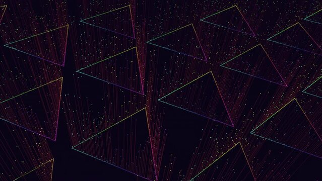 Colorful triangles made of lines intersect and overlap in a seemingly random arrangement. The purpose and meaning of the image are unclear