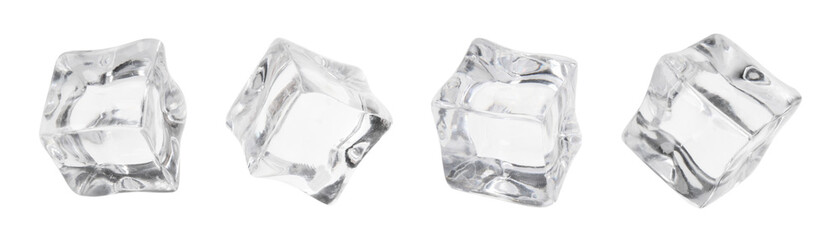 Crystal clear ice cubes isolated on white, set