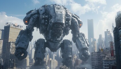 Giant robot standing tall in the city, towering beside skyscrapers, a futuristic marvel amidst urban landscapes. 🤖🌆 #ModernWonders