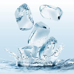 Ice cubes falling into water on light blue gradient background