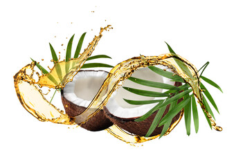Coconut, palm leaves and splash of cooking oil on white background