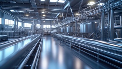 Naklejka premium Modern milk processing plant ensuring cleanliness & efficiency for high-quality scale milk production. 🥛✨ #Cleanliness #Efficiency