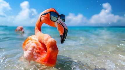海で泳ぐサングラスをしたフラミンゴ
