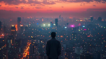 Lone observer amidst vibrant city lights at dusk