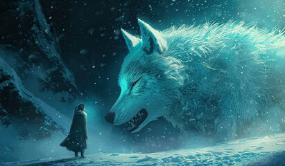 A girl in a dress stands in a snowy forest next to a large white wolf.