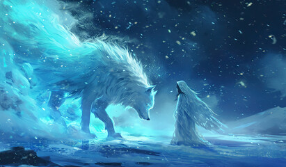 A girl in a dress stands in a snowy forest next to a large white wolf.