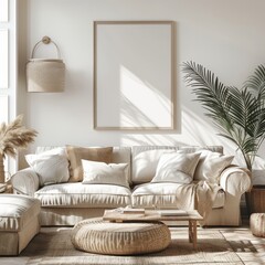 Stylish frame mockup on a living room wall, designed for ISO A paper size posters, featuring a modern interior and 3D house render.