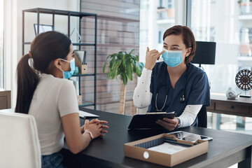 Tablet, woman and doctor for patient with checkup, hospital and diagnosis or treatment research. Digital technology, healthcare or medical worker with mask, consultation and clinic for symptom office