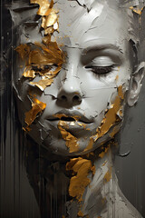 a model's face with golden paint around it, in the style of graceful sculptures, gray, fragmented realism, charming realism, realistic fantasy artwork.