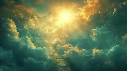 Obraz premium Heavenly escape through cotton clouds into blinding sunlight