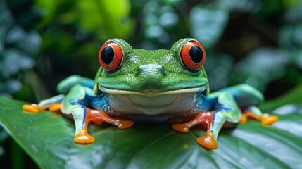 Fototapeta premium Vivid Red-Eyed Tree Frog in a Lush Green Forest