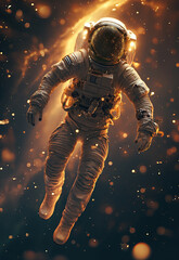 Fototapeta premium a person in a space suit is circling in space, in the style of dark orange and light amber, ethereal light effects.
