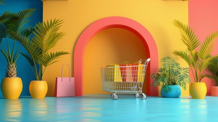 E-commerce essentials displayed vividly on a cheerful backdrop