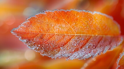 Macro shot of frost patterns on a vibrant autumn leaf