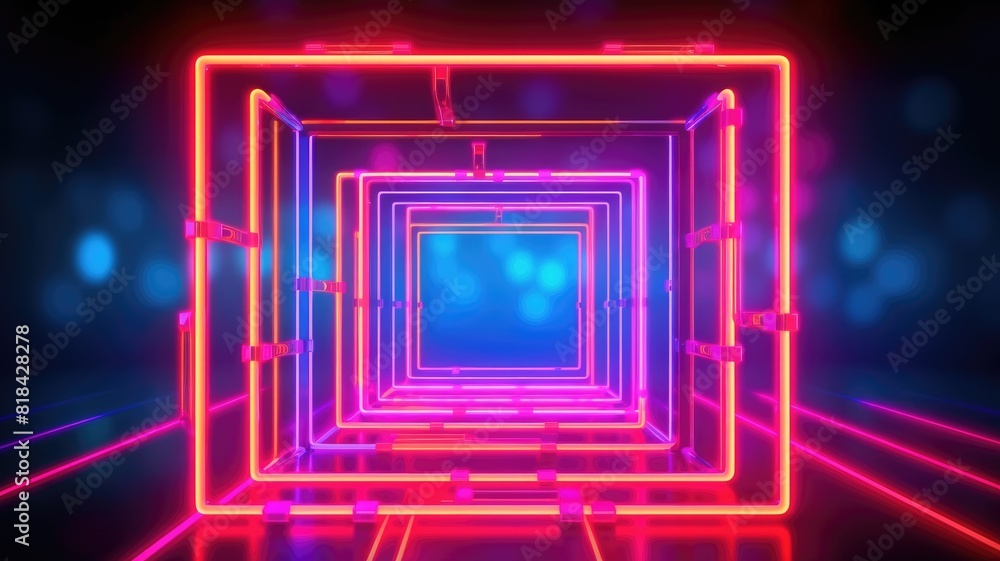 Poster futuristic neon light portal in a reflective surface. luminous neon light portal with square shape w