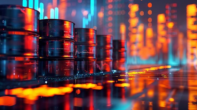 Market dynamics depicted with oil barrels on economic charts