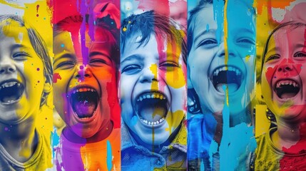 Collage with photos of happy children on a colorful background,