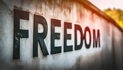 Freedom Sign on Weathered Wall in Sunlight