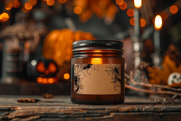 A blank label on the front of an amber glass candle jar, with a burning wick and smoke rising from it, sitting in a Halloween themed environment with pumpkins and leaves around it. - Powered by Adobe