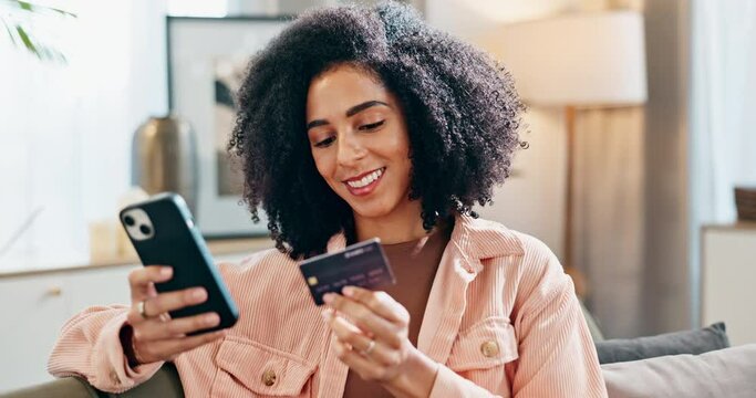 Woman, card and smartphone in home on sofa, fintech and online transaction for shopping or purchase in living room. Customer, internet payment and app for banking, e commerce and happy in apartment