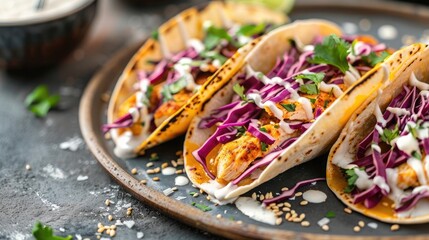 Colorful chicken tacos with white sauce and red cabbage on a plate,