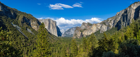 Panorama view of the Yosemite Valley from the tunnel entrance to the Valley. Yosemite National Park, California