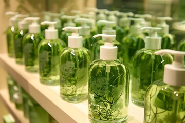 A row of green bottles with white lids on a shelf. The bottles are filled with a clear liquid and have a plant-like design
