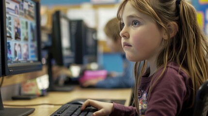 Elementary school children learn technology in computer laboratory.