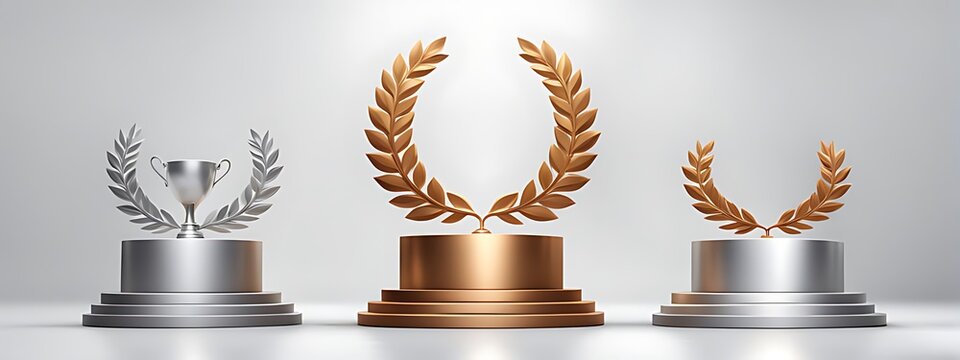  Winner award podium prize silver gold trophy win champion pedestal first stage bronze sport. Podium background winner 3d award ceremony medal platform laurel best place second third design light even