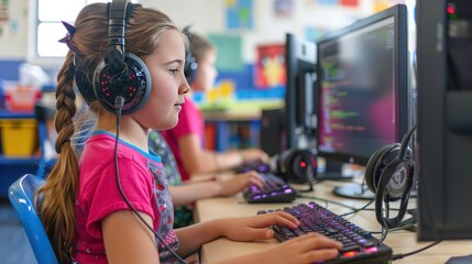 Elementary school children learn technology in computer laboratory.