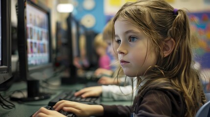Elementary school children learn technology in computer laboratory.
