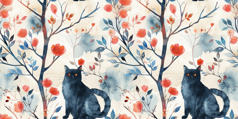 minimalist seamless cats pattern with autumn leaves on a speckled background