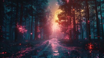 Cyberpunk glitch distortion over a tranquil forest scene