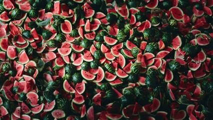 A close up of watermelon slices on a table. The slices are red and green, and they are scattered all over the table. Concept of abundance and freshness, as the watermelon is a popular