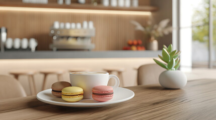 Fototapeta premium Espresso served with assorted macarons, Modern minimalist café interior