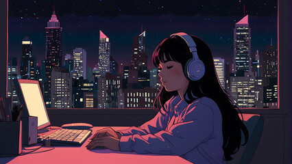 A purple neon-colored Lofi Art anime illustration of a girl with long black hair and bangs,  against a backdrop of a city night view ,8k, highly details image 